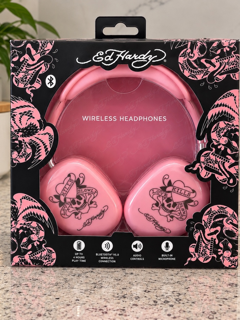 Ed Hardy Pink Bluetooth Wireless Headphones with Tattoo Graphics